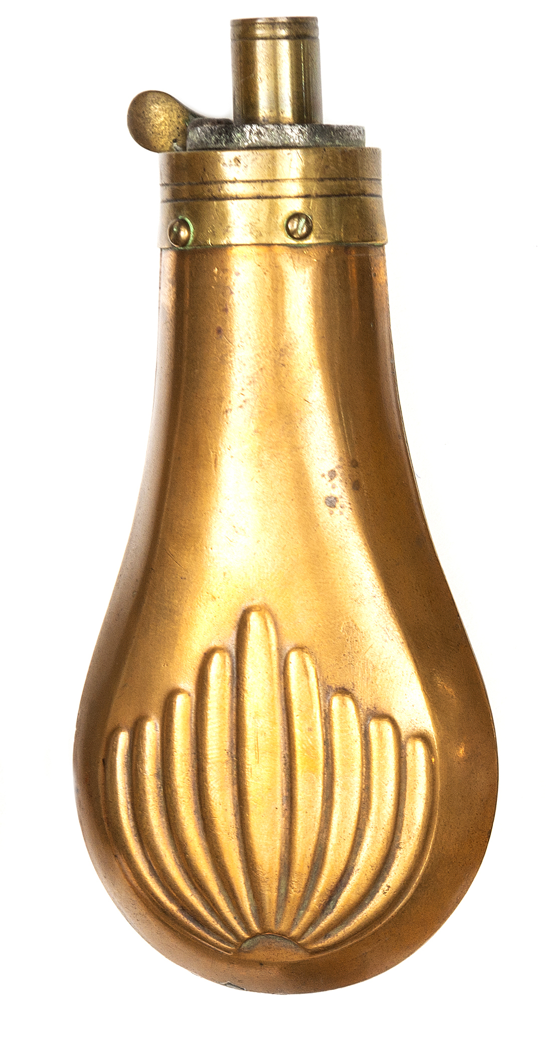 A copper pistol size powder flask “Shell and Bush” (similar Riling 310), common brass top, 4¾”