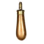 A plain, gun size slender bag shaped, copper powder flask, brass top marked “Sykes Patent”,