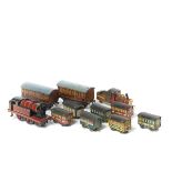 Bing OO model locomotive, 2 coaches and a penny toy train. A clockwork 2-4-0T loco in lined red