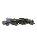 A coarse scale O gauge GWR 0-6-0 Pannier Tank locomotive and 7 coarse scale wagons. Loco in