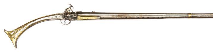 An 18th century 16 bore Albanian miquelet flintlock gun, 67” overall, barrel 53” with engraved