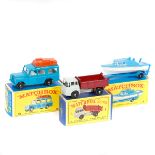 3 Matchbox Series. No.12 Safari Land Rover in blue with brown luggage and BPW. No.3 Bedford Tipper