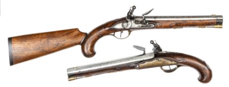 A good pair of German officer’s 20 bore flintlock pistol carbines with detachable shoulder stock, by