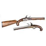 A good pair of German officer’s 20 bore flintlock pistol carbines with detachable shoulder stock, by