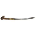 A 19th century Turkish sword yataghan, curved blade 24”, with narrow back fuller and traces of