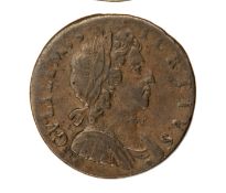 William III AE halfpenny 169(6?) last digit not clear. About VF with clear portraid/Fine Plate 2