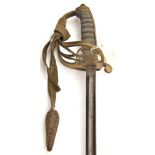 An 1845 pattern infantry officer’s dress sword, slender blade 32½”, etched with crown VR cypher in