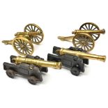 A pair of model field guns, brass barrels 4¾”, on their 2 wheeled cast brass carriages; a model