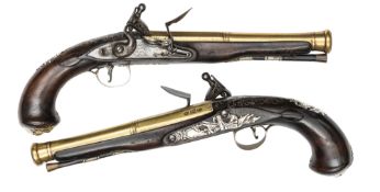 A pair of silver mounted brass barrelled flintlock blunderbuss pistols, by Bunney, c 1775, 13½”