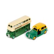 2 Dinky Toys public transport vehicles. A Leyland double deck bus (290), an example in green and