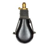 A leather covered gun size powder flask, with 4 rings and green suspension cord, patent brass top