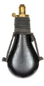 A leather covered gun size powder flask, with 4 rings and green suspension cord, patent brass top