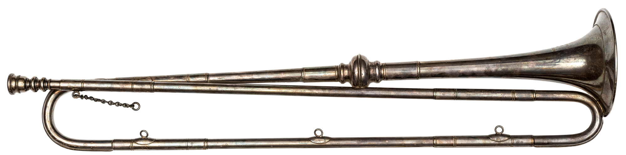 A silver plated State trumpet, panelled sections with prominent central knop, mouthpiece and chain