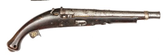 A rare 18th century Indian 18 bore matchlock pistol, 17” overall, heavy tapered 2 stage barrel 11”