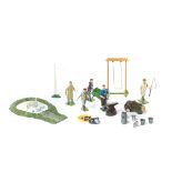 Britains Farm series figures etc. Man pushing wheelbarrow. Lead pond with 2 swans and 5 signets, cat