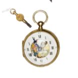 A Swiss silver coloured pocket watch, c 1800, enamelled dial with central roundel depicting a