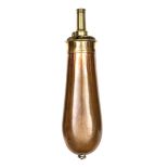 A plain, gun size slender bag shaped, copper powder flask, brass top marked “G & J W Hawksley,