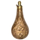 A large copper gun size powder flask “Oak Leaf” (Riling 583), brass top marked “G & J W Hawksley,