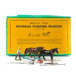 Britains Farm General Purpose Plough, with two horses (6F). Comprising plough in light blue with red