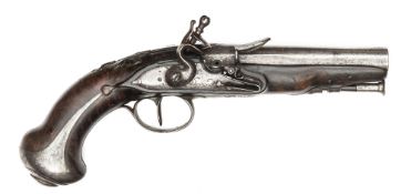 A late 18th century French 28 bore flintlock travelling pistol, 9½” overall, round barrel 4¾”,