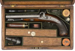 A fine cased mid 19th century double barrelled 14 bore officer’s percussion howdah pistol, by