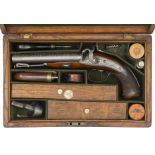 A fine cased mid 19th century double barrelled 14 bore officer’s percussion howdah pistol, by