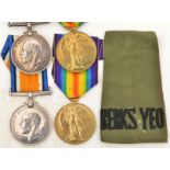 Pair: BWM, Victory (14629 Pte G H Hunt, Berks Yeo) GVF with a slip on epaulette “Berks Yeo”; Pair: