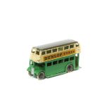 A scarce 1930s Dinky Toys AEC Double Deck Bus (29c). Green lower body, cream upper with a dark