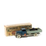 Tri-ang Minic Lorry with Cases (25M). A pre-war example with dark blue cab and grey back. Petrol can