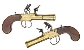 A pair of brass barrelled and brass framed flintlock boxlock blunderbuss pocket pistols, signed