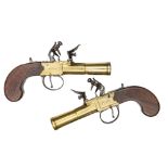 A pair of brass barrelled and brass framed flintlock boxlock blunderbuss pocket pistols, signed