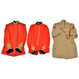 An ERII RE OR’s scarlet tunic, staybrite buttons; 2 ERII Rhodesia Regt Majors khaki bush jackets