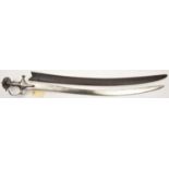 A late 18th century Indian sword Tulwar, curved blade 30”, DE and slightly swollen at point, solid