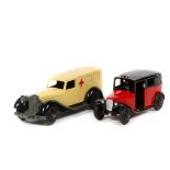 2 Dinky Toys. A TAXI (36g). An example in bright red and black with closed rear window, black ridged