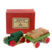Tri-ang Minic Tractor and Trailer (26M). A pre-war 2nd series example in green with red wooden