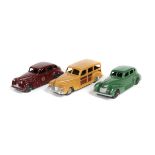 3 Dinky Toys American Cars. 2x 39 Series - Buick Viceroy (39d) in maroon. Plus a Chrysler Royal