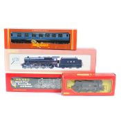2 Hornby Railways locomotives and a Tri-ang Hornby locomotive plus passenger coaches. 2x LMS Class