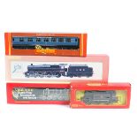 2 Hornby Railways locomotives and a Tri-ang Hornby locomotive plus passenger coaches. 2x LMS Class