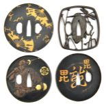 4 modern Japanese tsuba, depicting Samurai warriors, birds, fans. GC