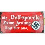 A Third Reich enamelled newspaper advertisement plaque, 16” x 8”, white lettering on red