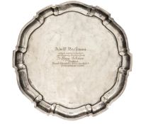 A presentation silver tray, with gadrooned border and 835 purity mark. Engraved “Adolf Bachmann