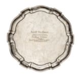 A presentation silver tray, with gadrooned border and 835 purity mark. Engraved “Adolf Bachmann