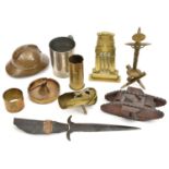 6 items of WWI Trench art: darkwood tank; base of shellcase ashtray with small AA gun; dagger made