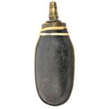 A late 18th century leather powder flask, brass edge band, with rounded outer, and flat inner,
