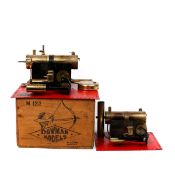 2 spirit fired Stationary Engines by Bowman. A larger 2 cylinder example with whistle and in its