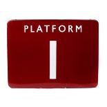 An enamelled BR Midland Region Platform One sign. White on maroon enamel. Dimensions; 610mm x 460mm.