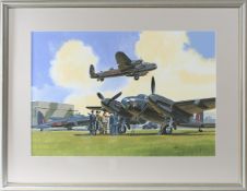 A watercolour painting of RAF aircraft by Wilf Hardy. The scene depicts 2 De Havilland Mosquitos