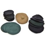 7 WWII cloth berets, various dates 1942-45; 3 jungle green (stamps unclear); 3 khaki with tufts; 3