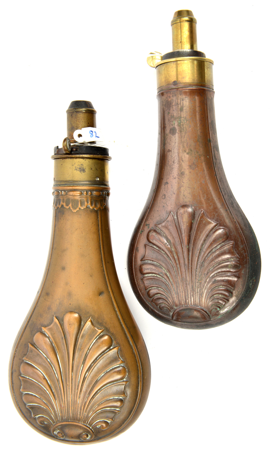 A copper gun size powder flask “Shell & Bush” (Riling 388 without rings), brass top marked “G & JW