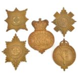 5 Guards brass valise badges: Vic Grenadier (one of 4 lugs missing), Coldstream, Scots, Irish and